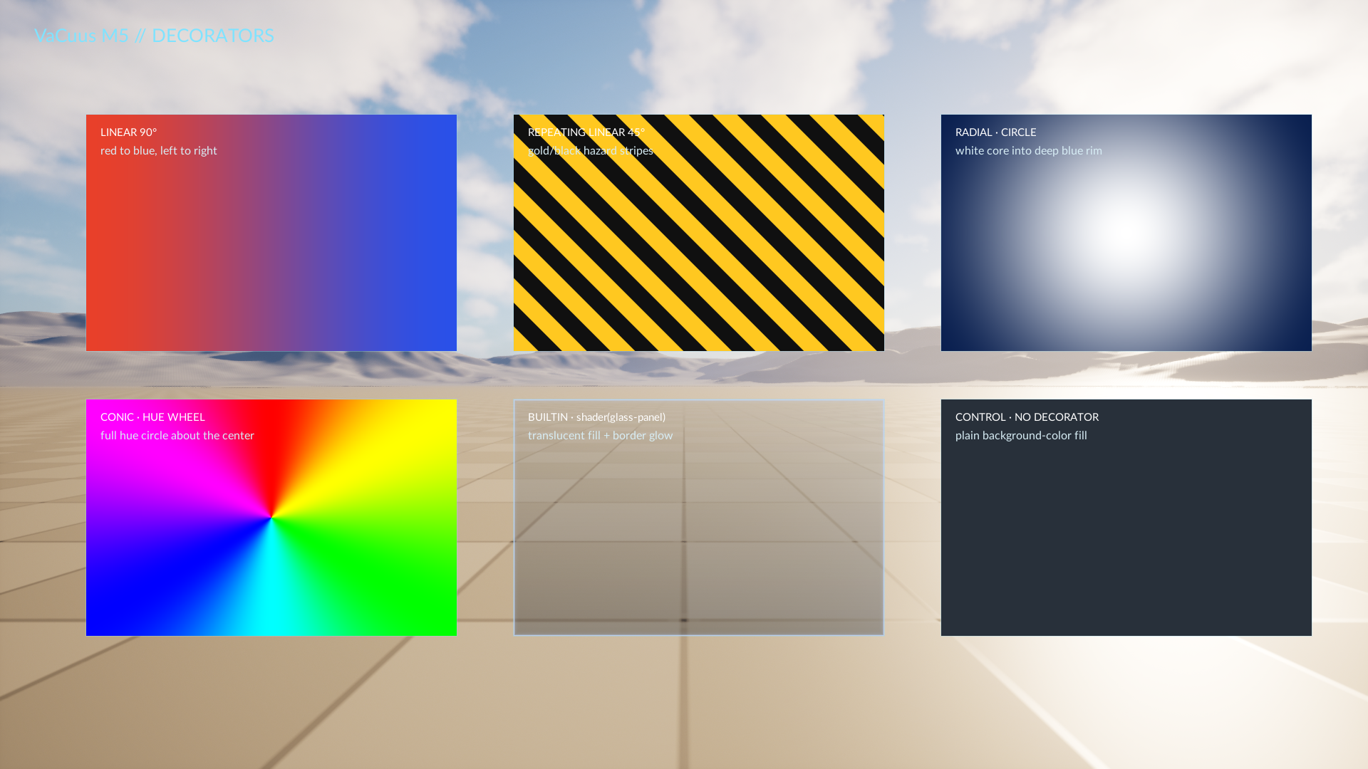 Six panels demonstrating decorators: a red-to-blue linear gradient,
gold and black hazard stripes, a radial gradient, a conic hue wheel, a
translucent glass shader panel, and a plain background-colour control.