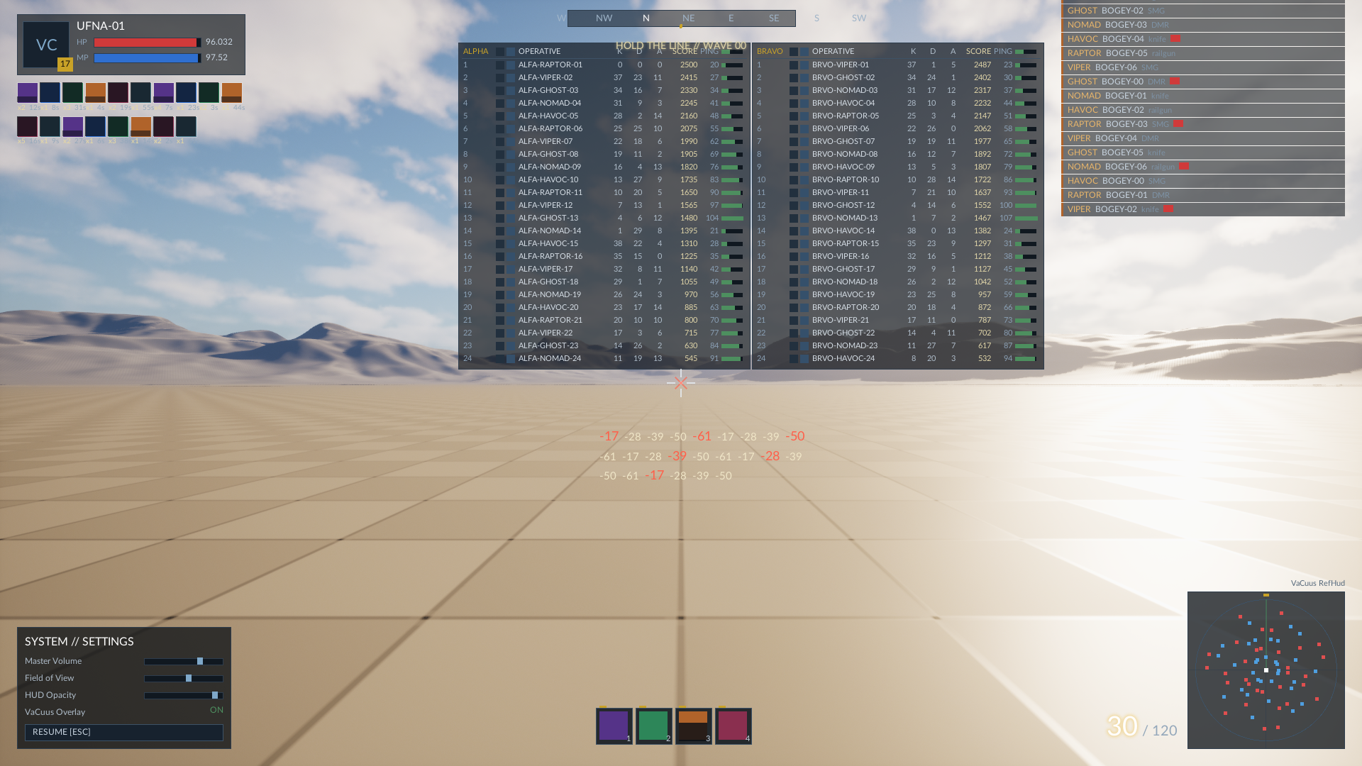 A dense combat HUD over a desert scene: two 24-row scoreboards, a
killfeed, floating damage numbers, a compass, a minimap, an ammo counter
and a settings panel.